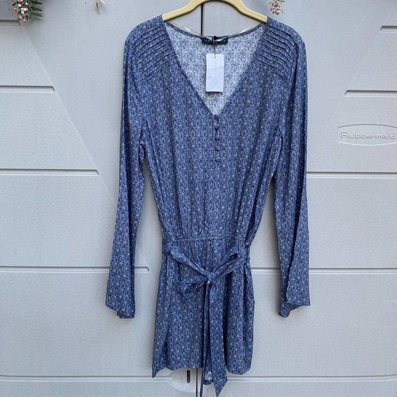 Sanctuary Women's Romper Size L Naomi Printed Pintuck Navy - Picture 3 of 10